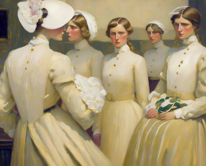 Vintage Attire: Five Women in Staggered Formation