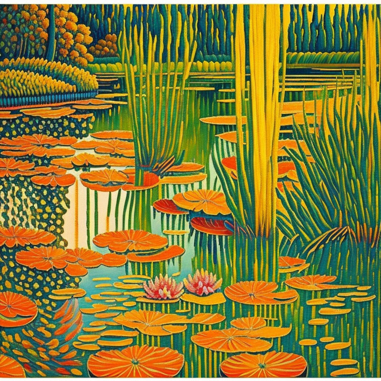 Colorful Pond Scene with Stylized Water Lilies and Reeds