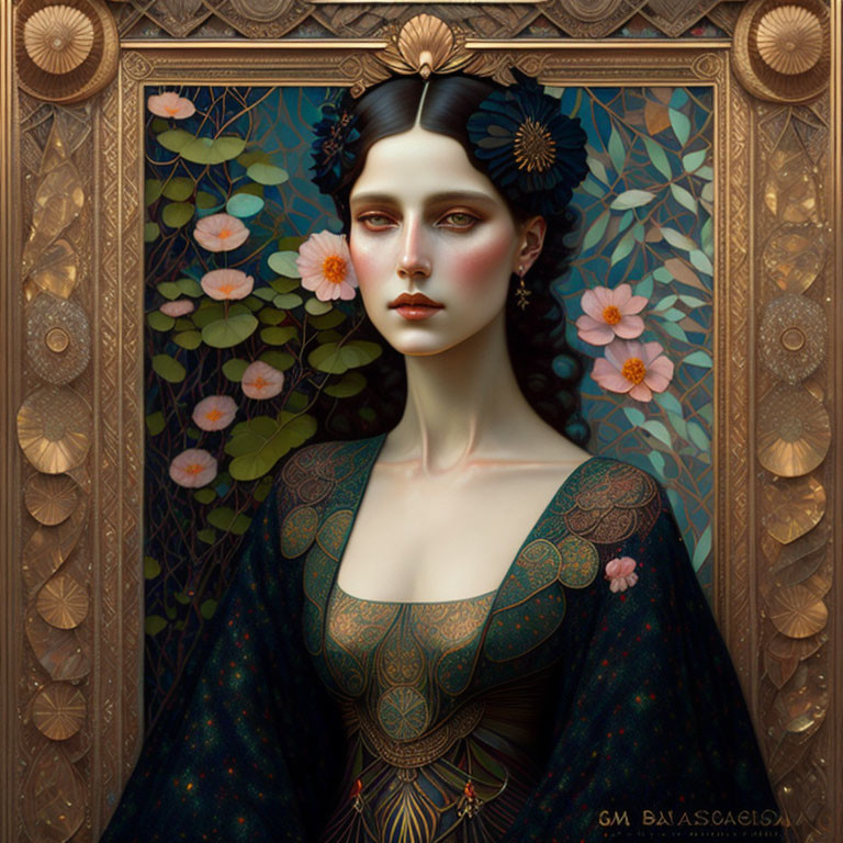 Portrait of Woman with Pale Skin and Dark Hair Adorned with Flowers