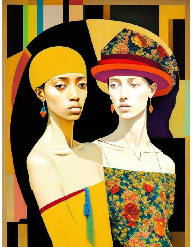 Vibrant painting featuring two stylized women with elongated necks.