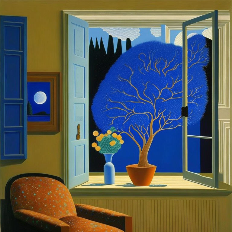 Nighttime room painting with open window, tree silhouette, full moon, and flower vase.