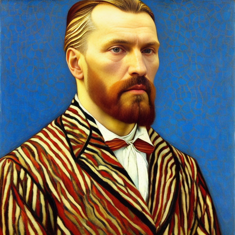 Man with Mustache in Striped Robe and Bow Tie on Blue Background