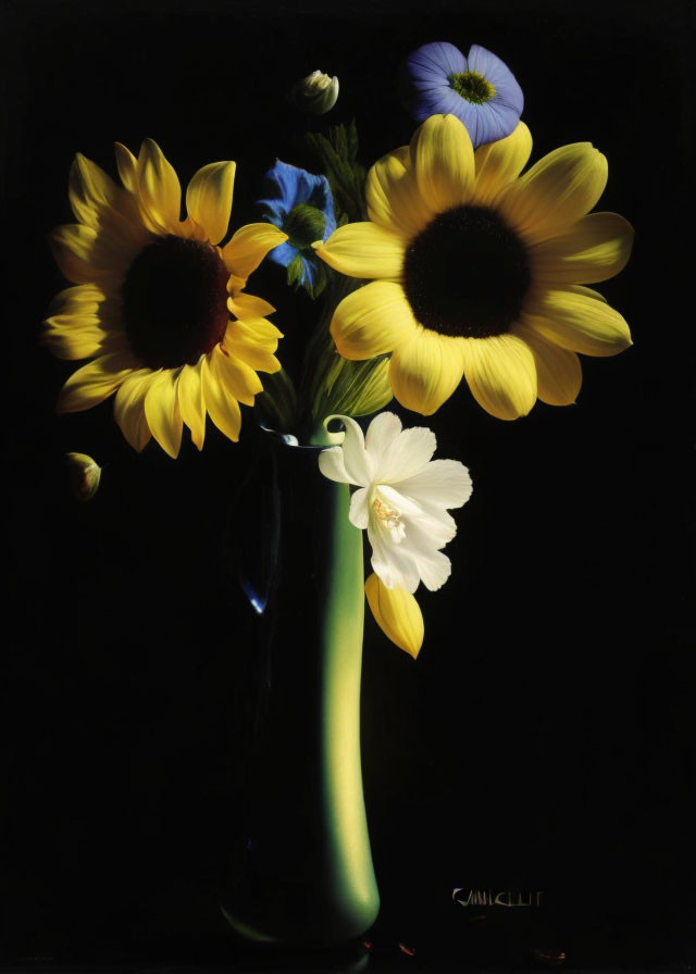 Sunflowers and White Flower with Blue Accent in Dark Green Vase