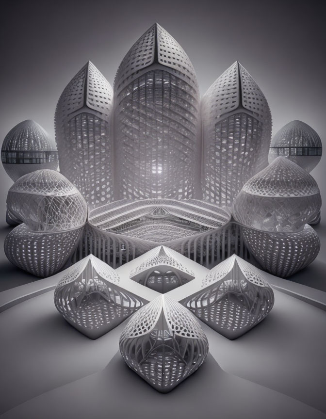 Monochromatic 3D render of symmetrical architectural structure