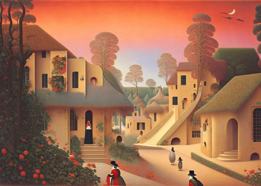 Surreal landscape featuring stylized houses, red trees, and figures in period clothing