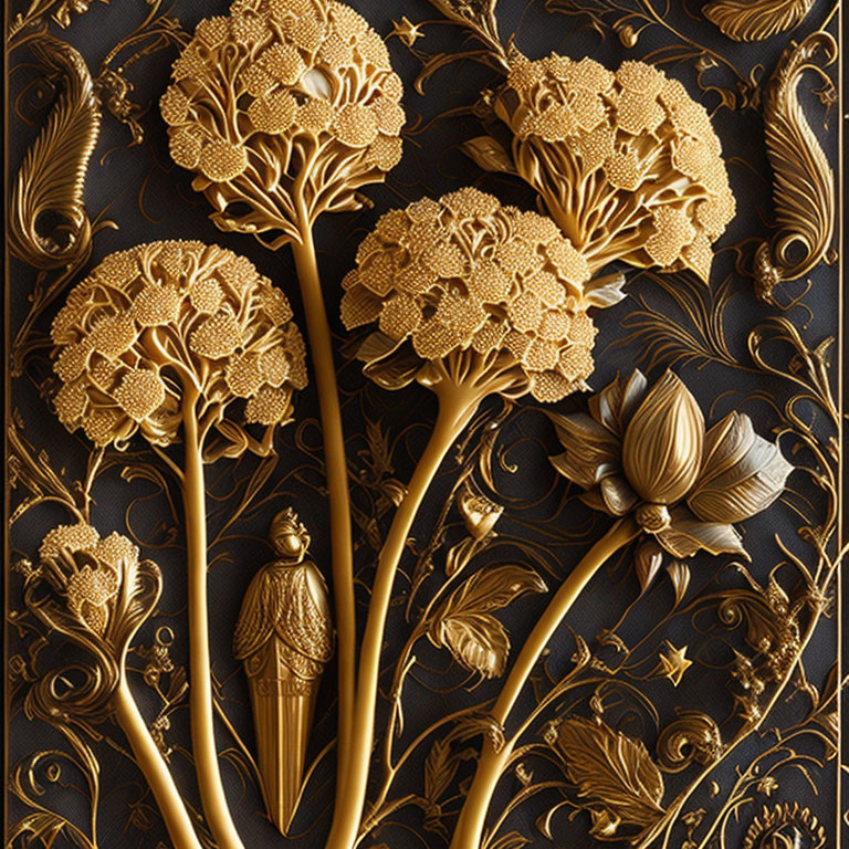 Intricate Golden Botanical Relief on Black Background