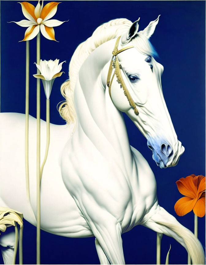 White horse with golden bridle on blue background surrounded by orange and white flowers