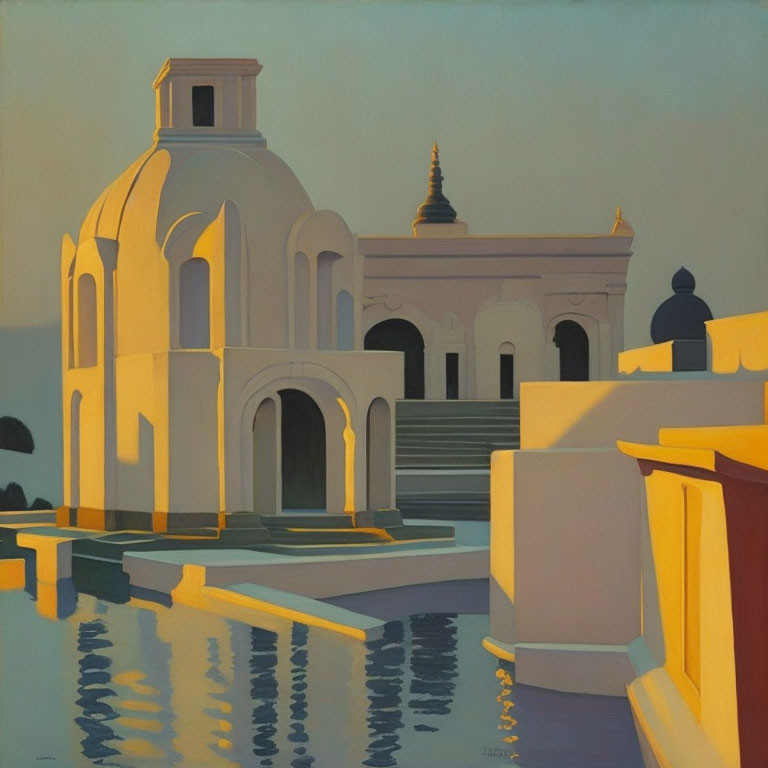 Serene building with domes and arches reflected in water at late afternoon