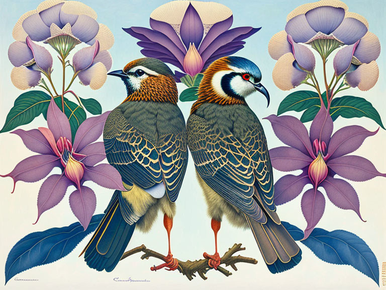 Colorful Birds and Purple Flower on Branch