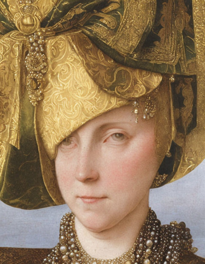 Ornate gold headdress and pearl embellishments on a woman's portrait