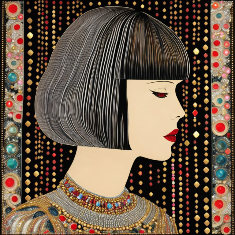 Stylized profile portrait of a woman with bob haircut & red lips