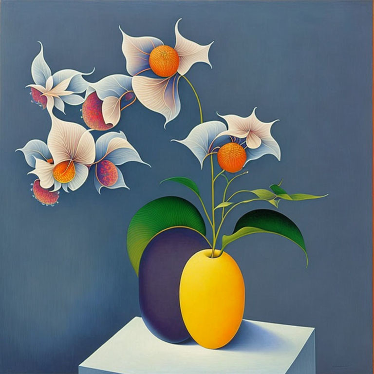 White Flowers with Orange Centers in Abstract Vase on Blue Background