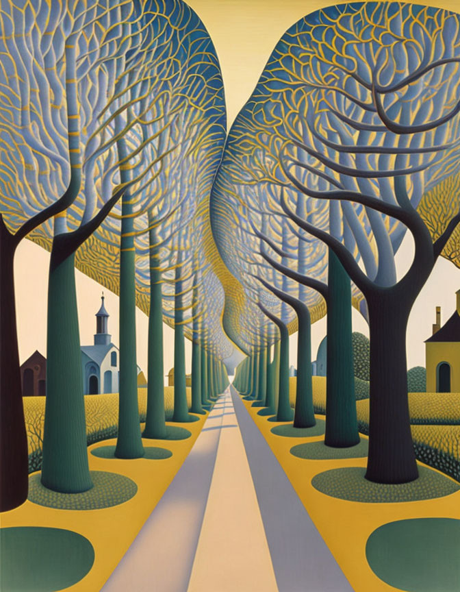 Surreal painting of pathway with leafless trees and distant building