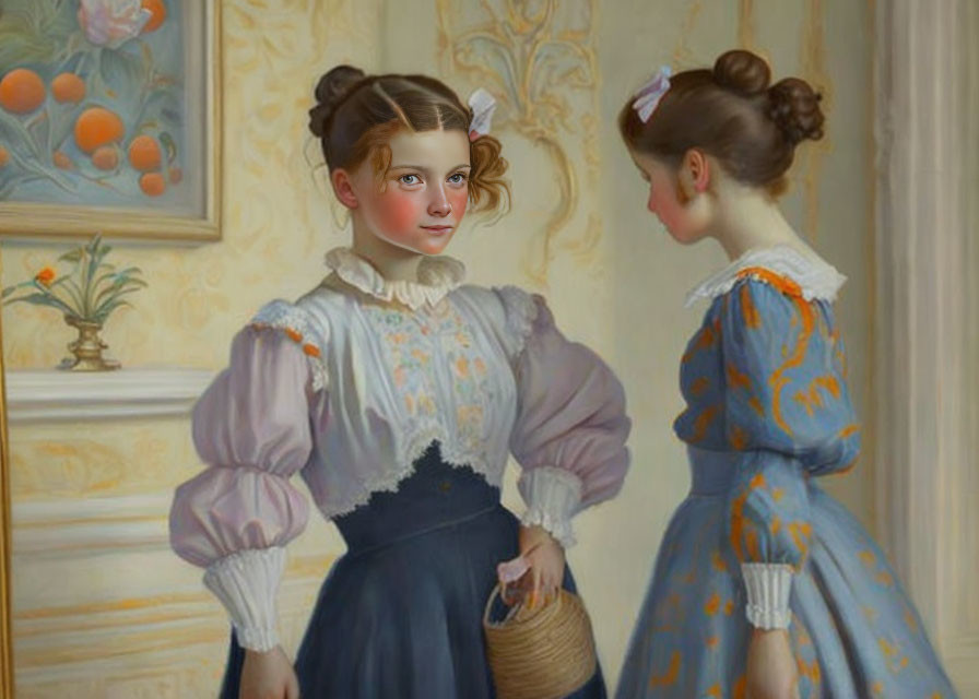 Digital artwork: modern child's face on classic painting of two girls in vintage dresses