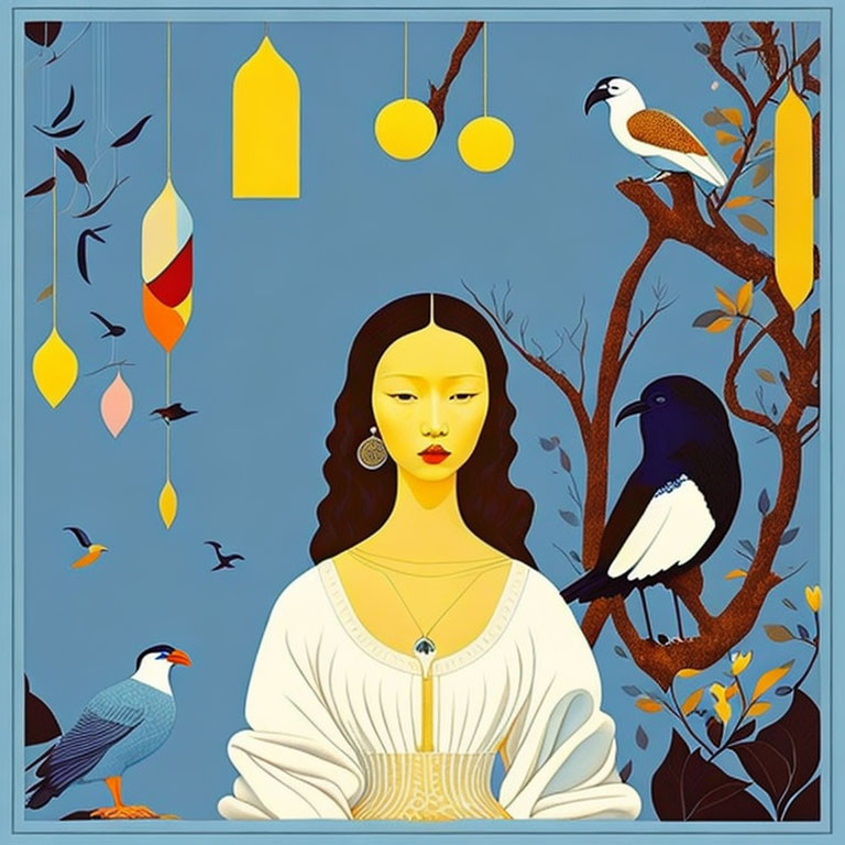 Serene woman surrounded by birds, leaves, and ornaments on blue background