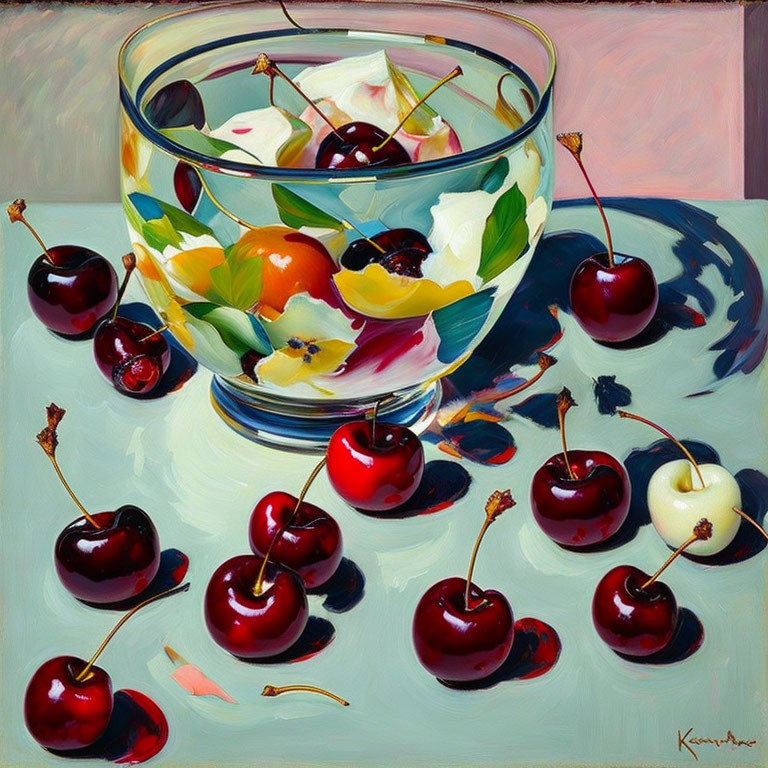 Colorful Still-Life Painting: Glass Bowl with Lemon Slices and Cherries