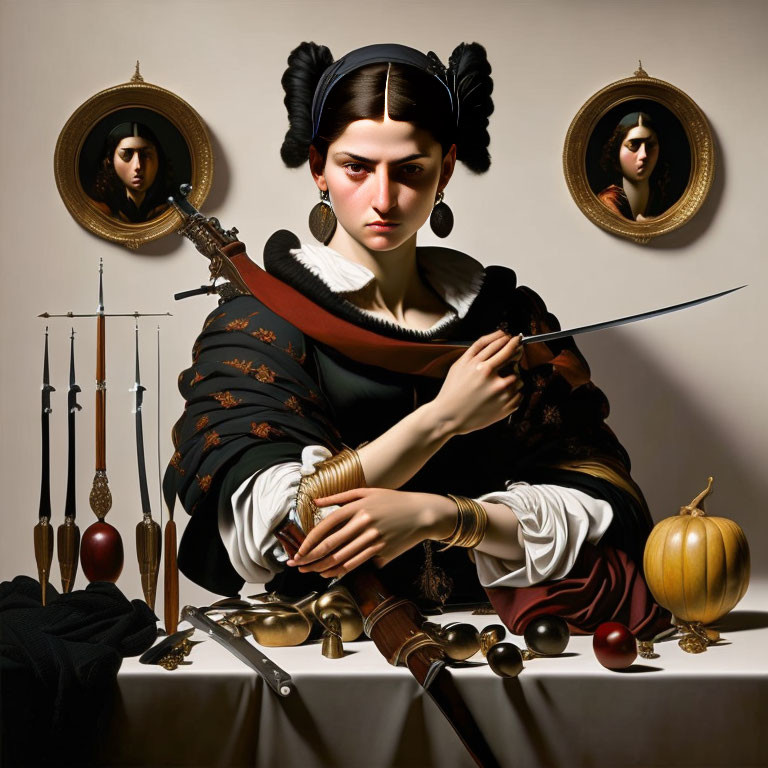 Dark-haired woman in historic dress with sword at table surrounded by objects and portraits