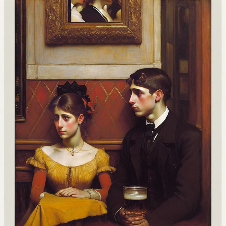 Victorian-style painting featuring young woman, man with beer glass, and rowboat picture