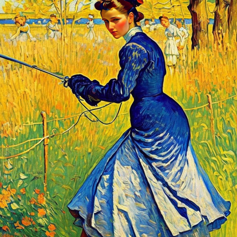 Woman in vintage blue dress with fencing foil in Van Gogh-style painted field