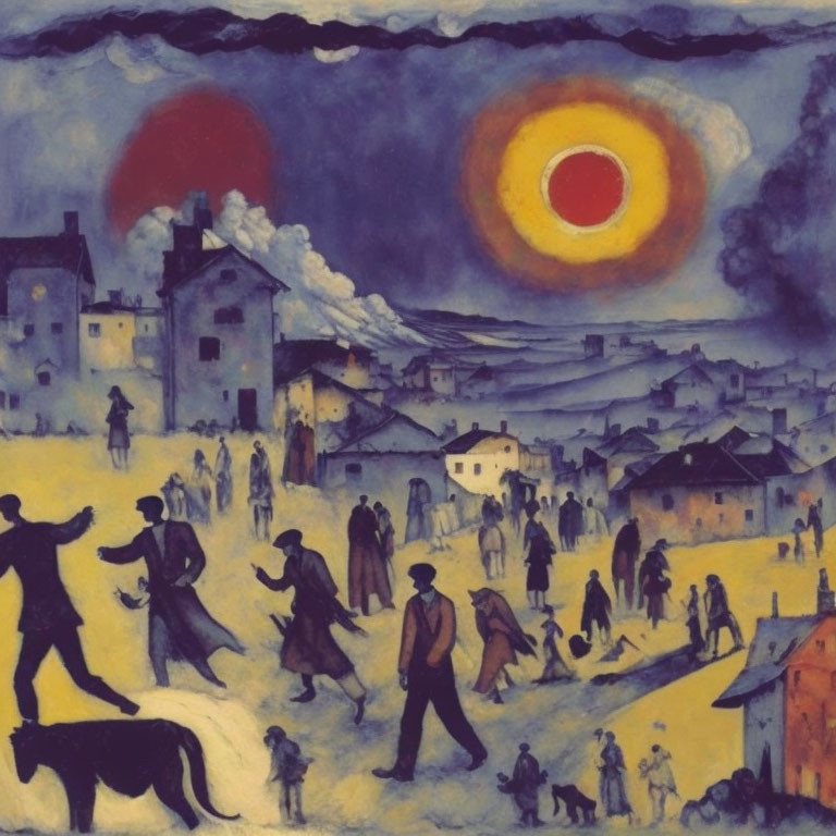 Chaotic village scene with exaggerated figures under swirling sky