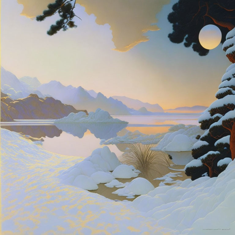 Snowy Sunset Landscape with Tranquil Lake and Solar Eclipse