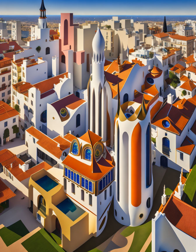 Colorful illustration: Whimsical town with Gaudí-esque tower