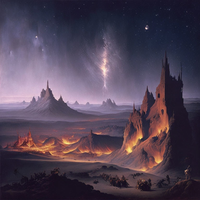 Fantastical night sky landscape with castle, nebula, mountains & observer