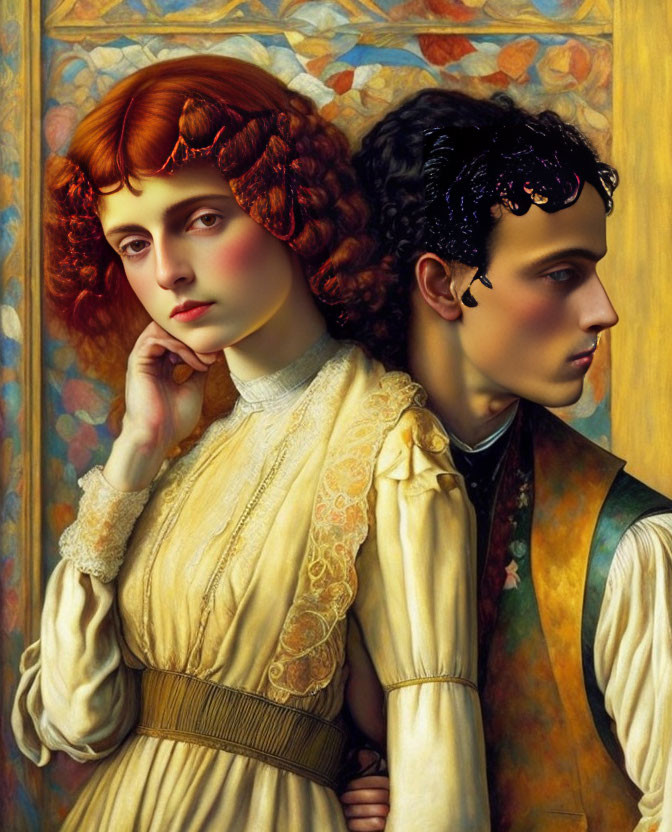 Digital artwork blending classical portraiture with modern elements of a woman and man with intricate hairstyles and period