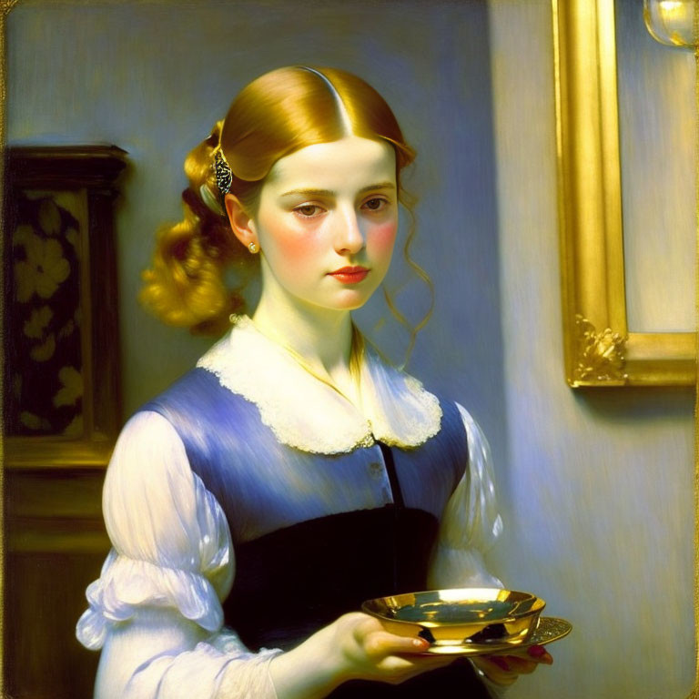 Portrait of young woman with auburn hair in blue and white dress holding gold plate