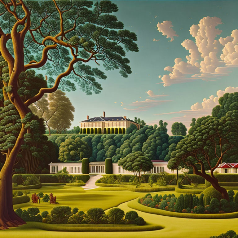 Stylized painting of grand house, classical columns, lush garden, winding paths