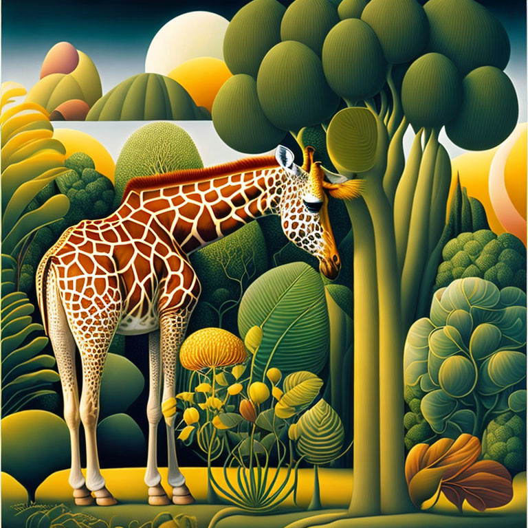 Vibrant giraffe illustration in patterned forest landscape