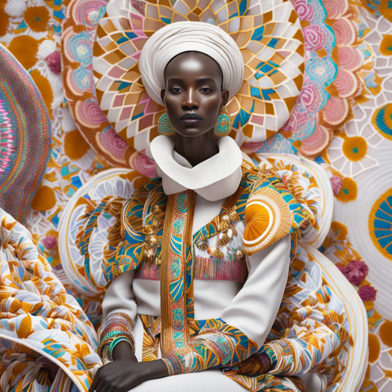 Woman in White Headwrap and Colorful Attire Poses Against Floral Background