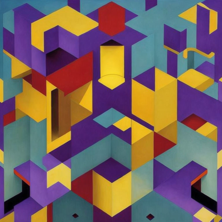 Geometric Abstract Art: Interlocking Shapes in Purple, Yellow & Blue