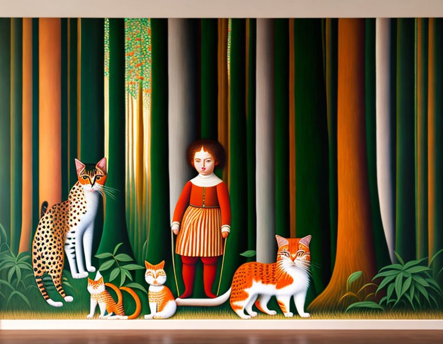 Surreal painting of child with colorful cats in forest