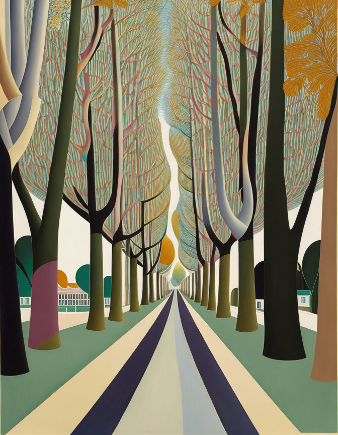 Vivid Tree-Lined Path Painting with Exaggerated Perspectives