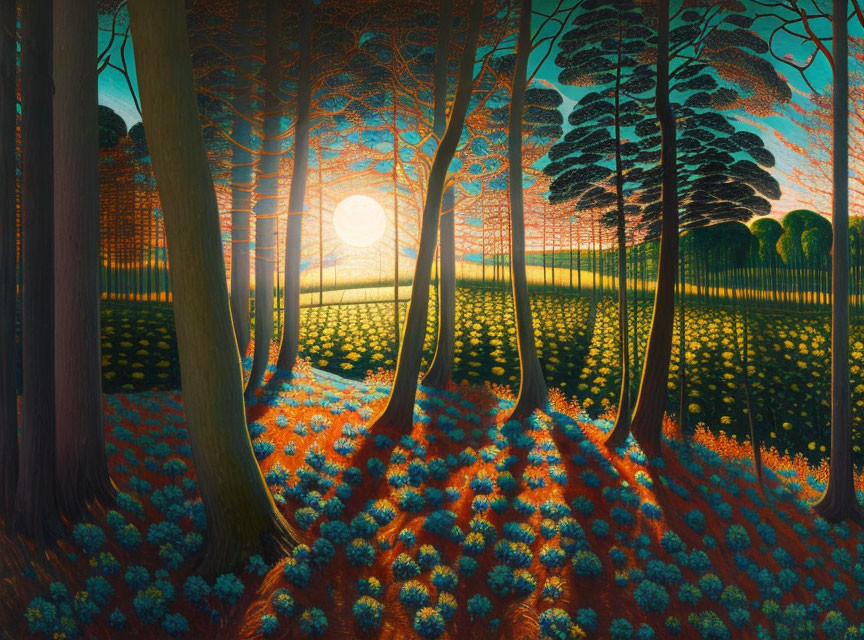 Sunlit Forest Painting with Blue Flowers and Tall Trees