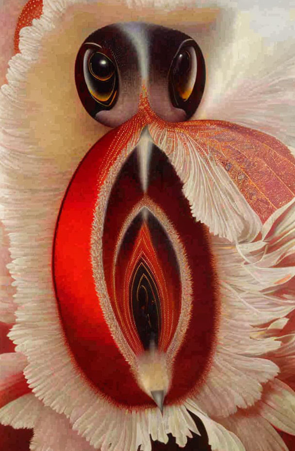 Stylized bird with hypnotic eyes and layered feathers in surreal artwork