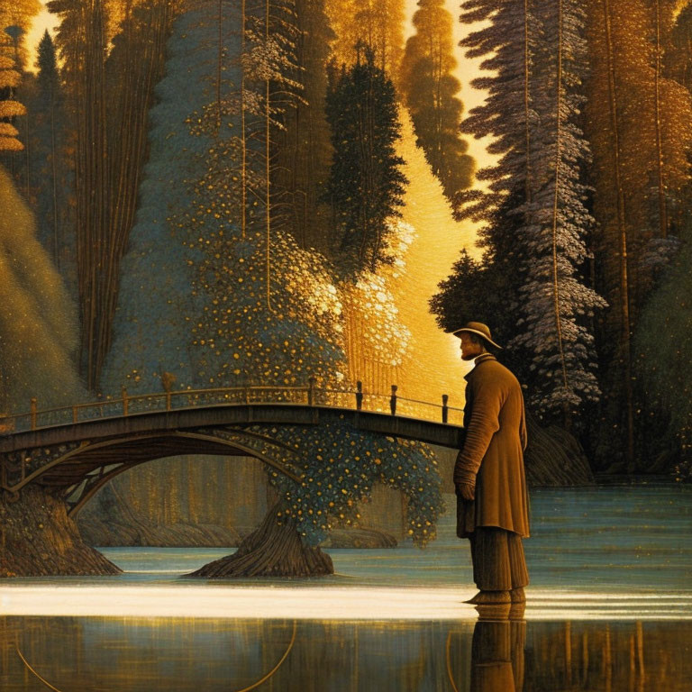 Man in long coat by tranquil river near arched bridge in golden forest.