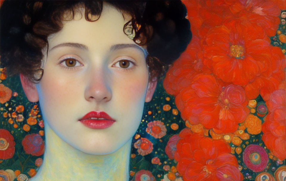 Young woman portrait with pale skin, rosy cheeks, curly hair, and red-orange flower backdrop