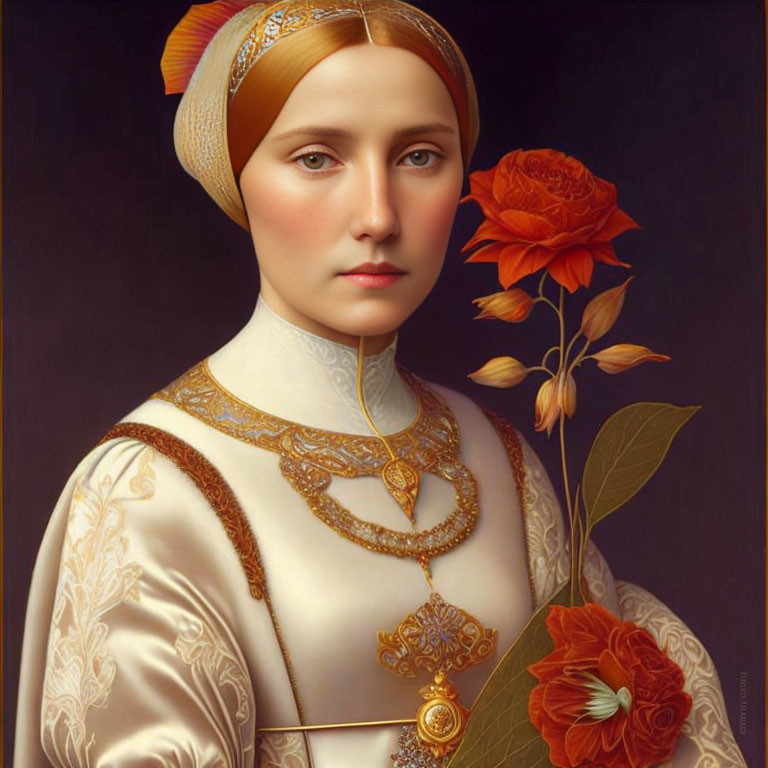 Renaissance woman in gold-trimmed attire with orange flower