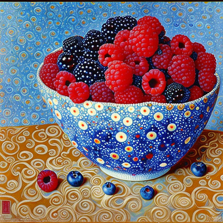 Colorful still life painting of berries in a bowl on blue and gold backdrop