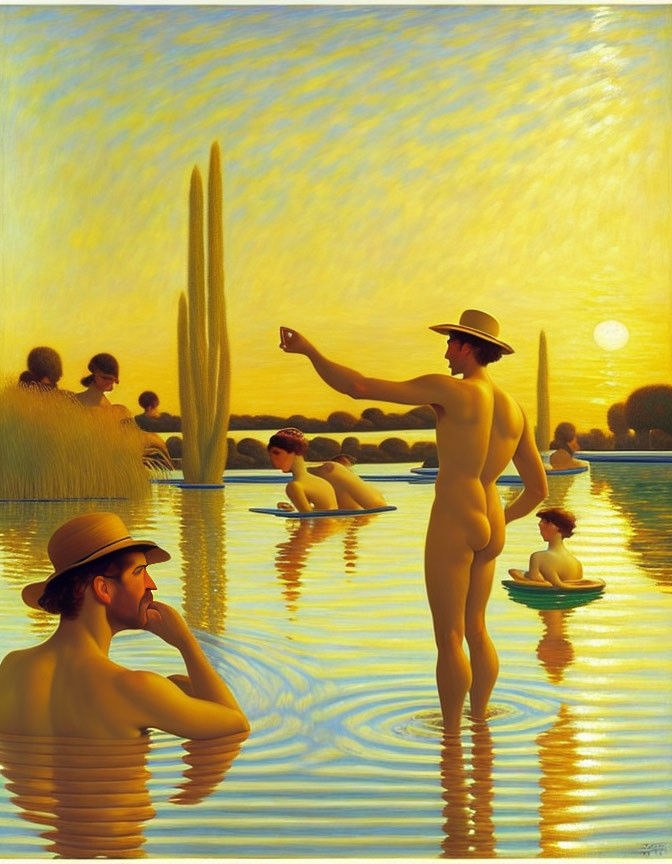 Nude figures in hats by tranquil lake at sunset