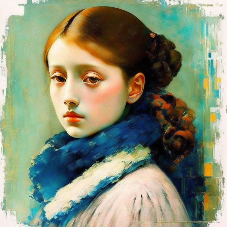 Portrait of young girl in blue scarf and white dress with braid