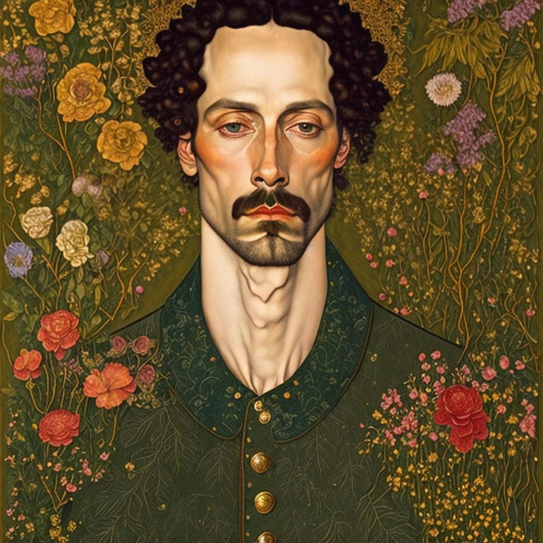 Stern man with curly hair and mustache against floral backdrop