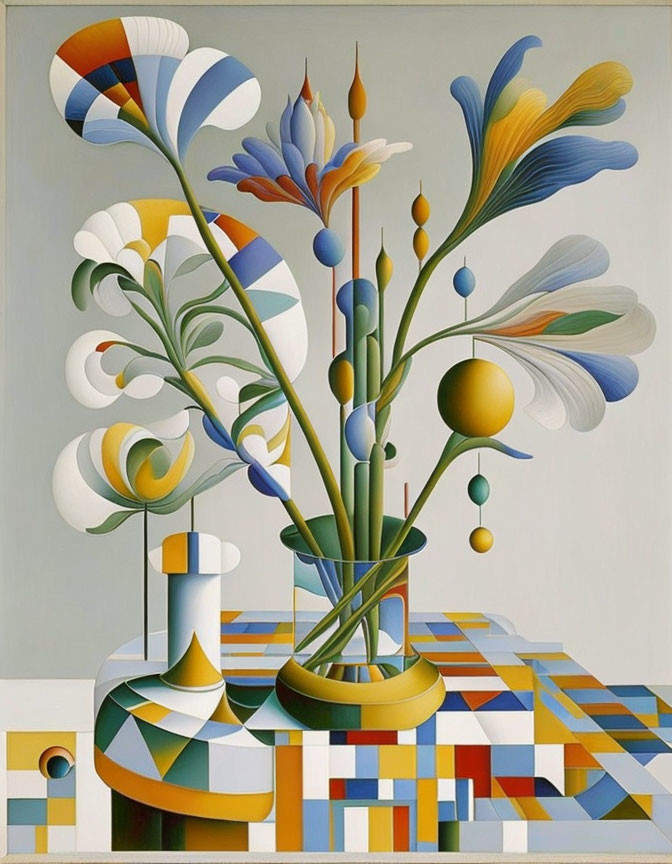 Colorful surreal painting of stylized flowers in vases on checkered surface