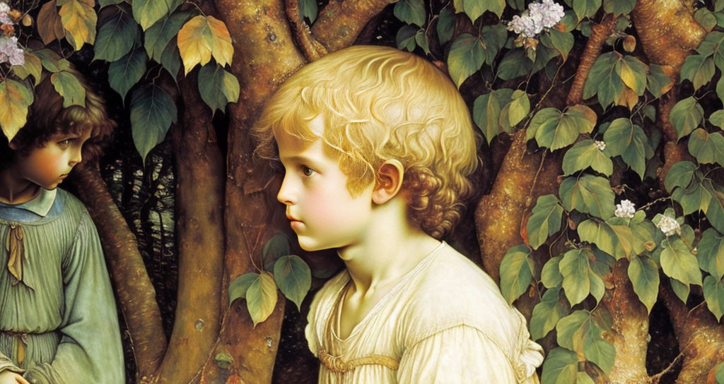 Blonde Curly-Haired Child with Friend in Foliage