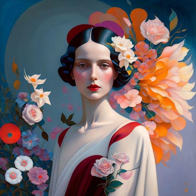 Surreal painting of a serene woman with red headband and vibrant flowers