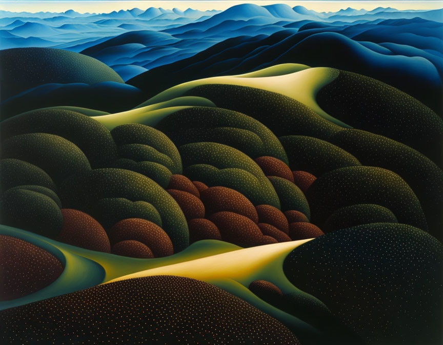 Stylized painting of rolling hills in green, brown, and blue with dotted textures