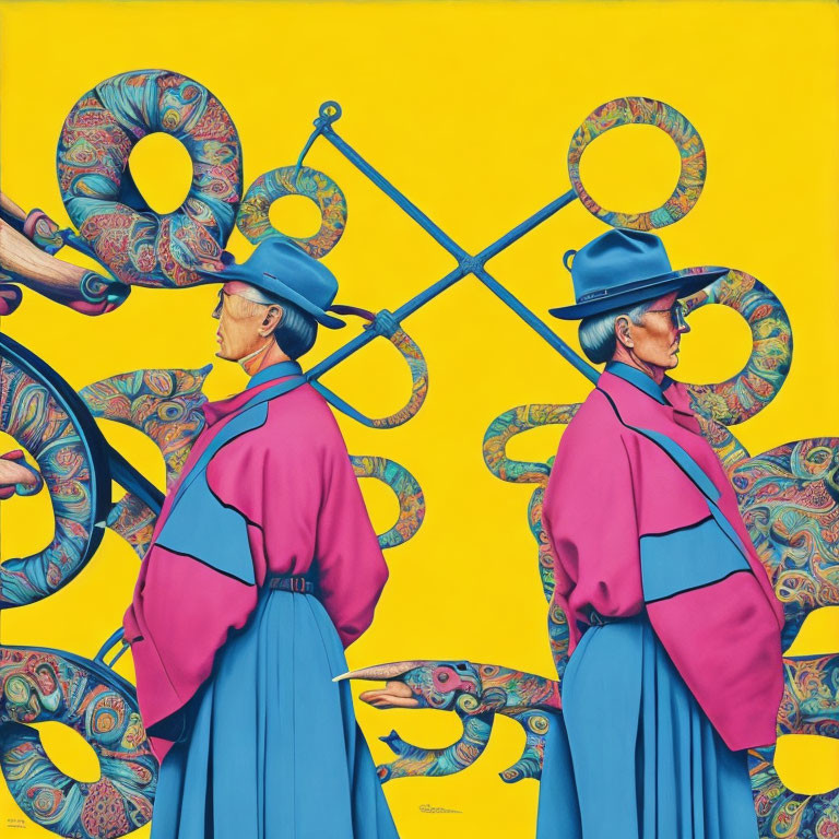 Identical Figures in Blue Hats and Red Cloaks on Yellow Background