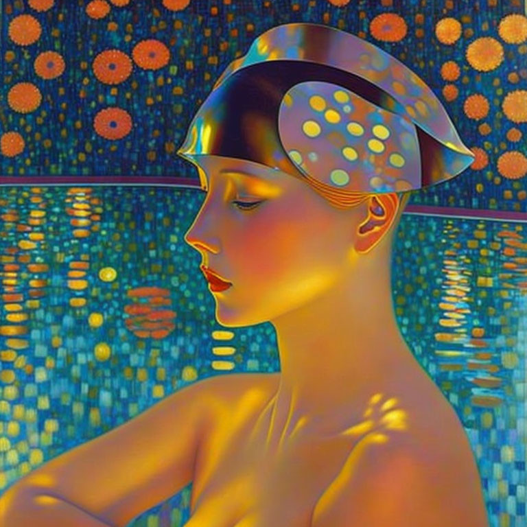 Woman with Stylish Headpiece in Luminescent Mosaic.